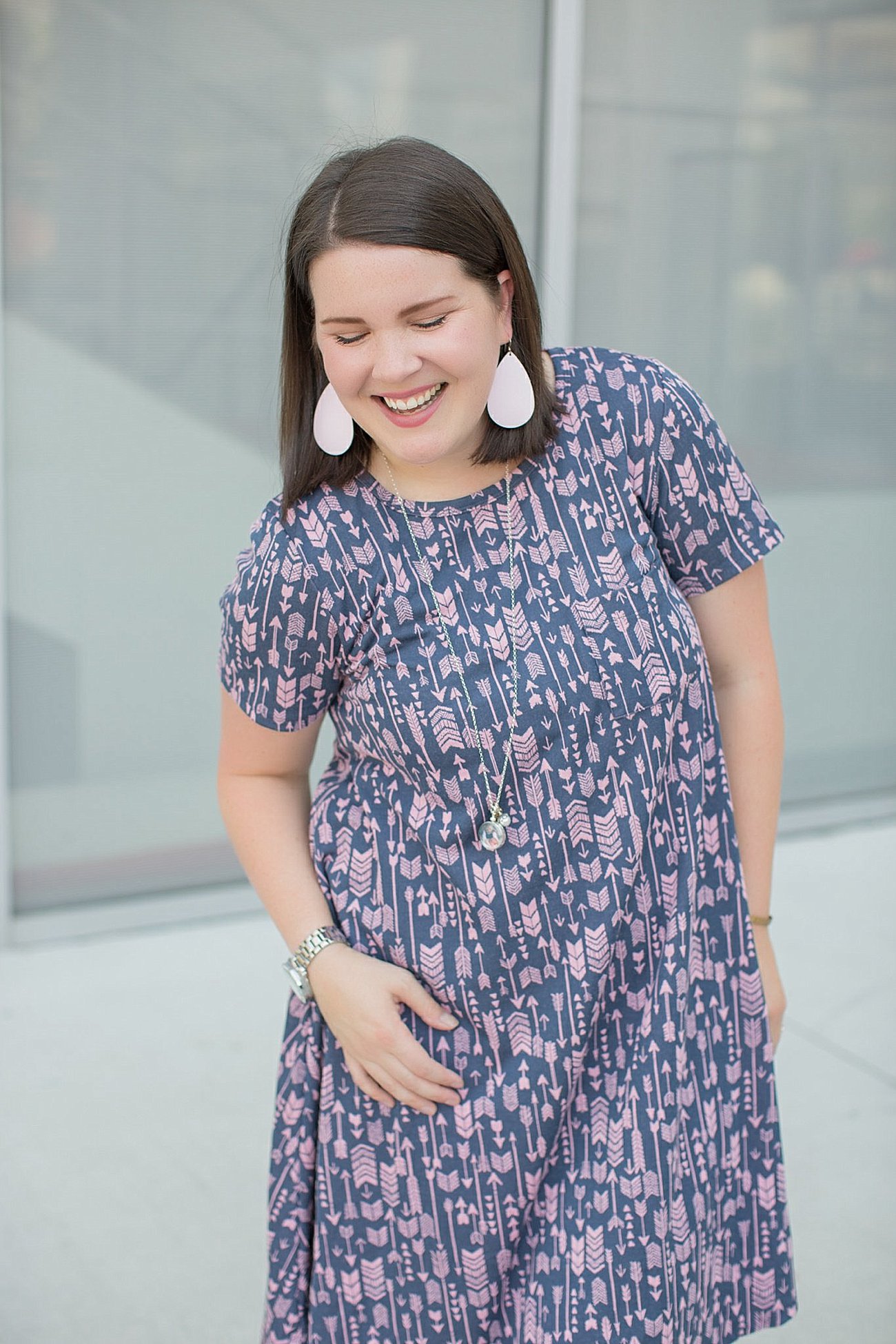 LulaRoe arrow print Carly Dress, Root Collective shoes, Journey Lockets necklace (5)