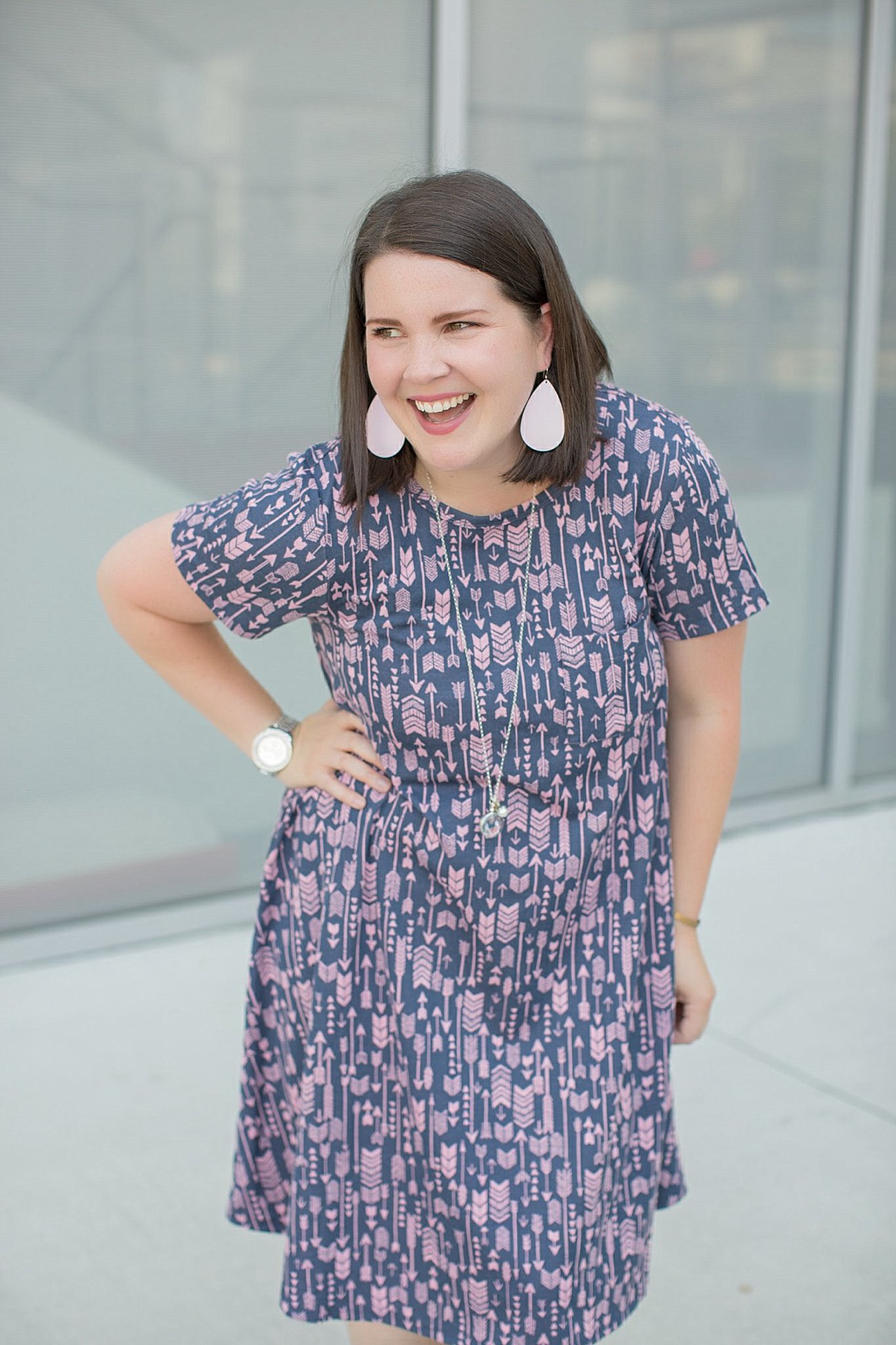LulaRoe arrow print Carly Dress, Root Collective shoes, Journey Lockets necklace (6)