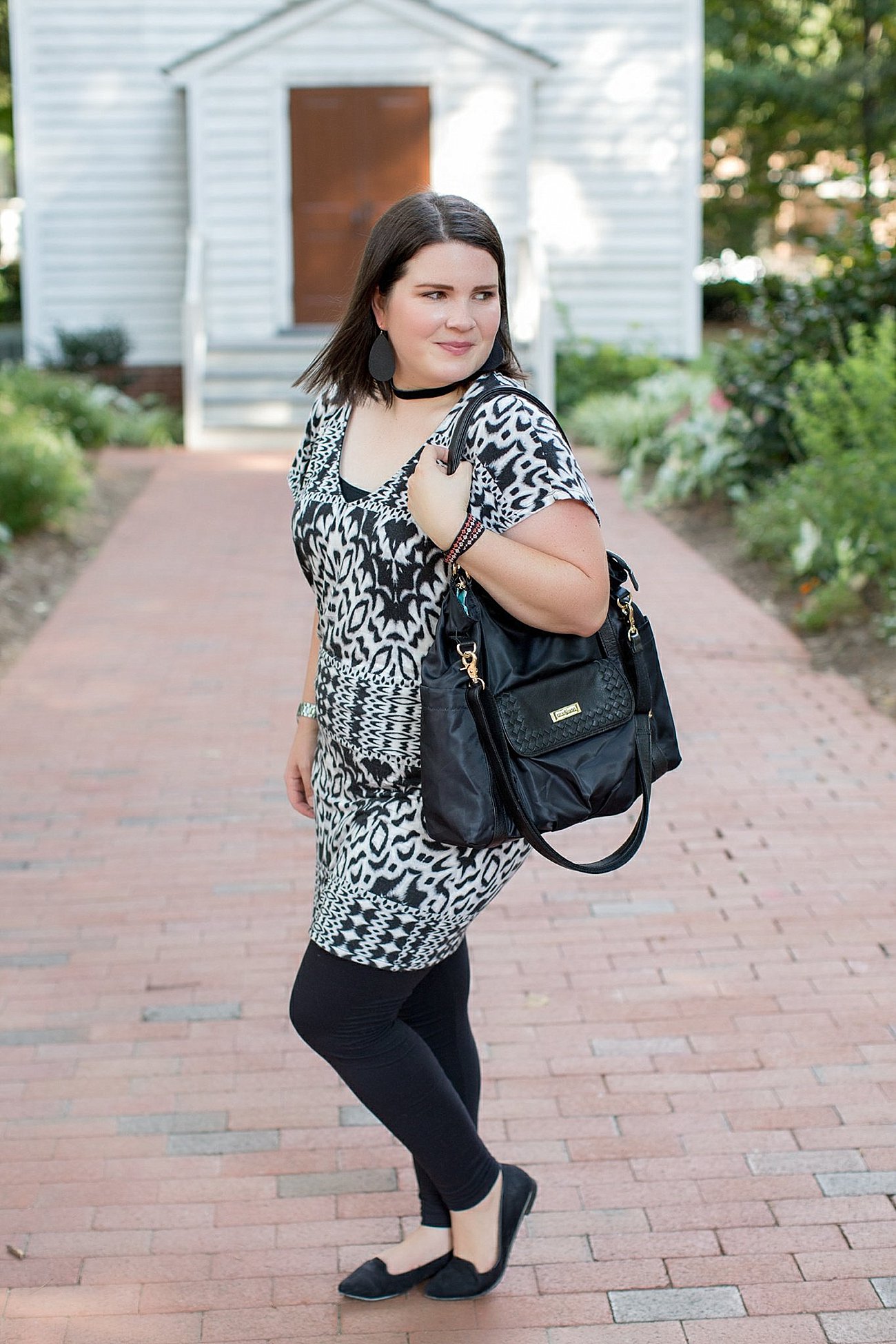 Threads for Thought "Mia Dress", LulaRoe black leggings, Lily Jade diaper bag, Nickel & Suede choker, Nickel & Suede earrings, Darzah stitched leather cuff | ethical fashion blogger, north carolina fashion blogger (5)