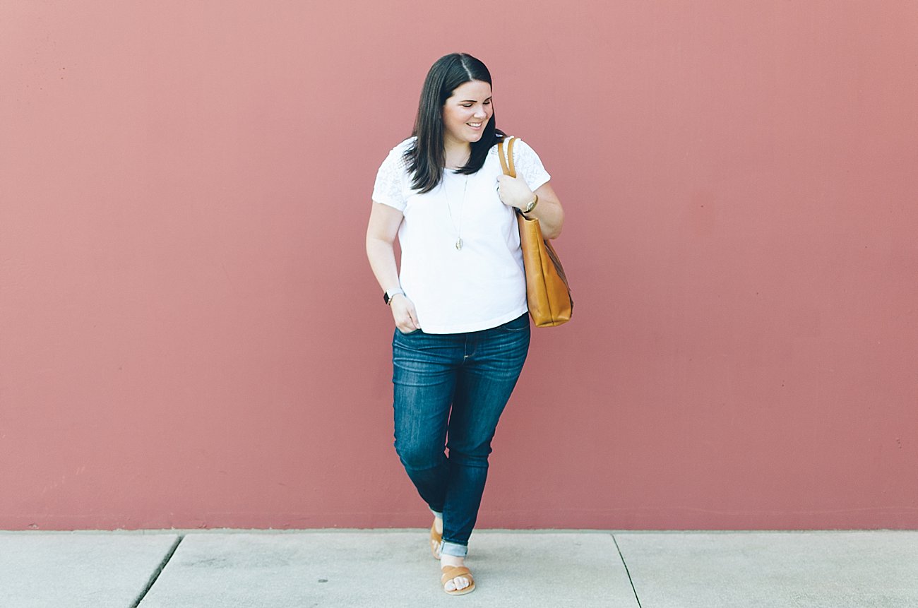 Aventura clothing lace detail tee, PAIGE denim jeans, Purpose Jewelry, Starfish Project, Sseko Designs, ethical fashion - casual fair trade style (1) - How to Elevate Your Basic White TShirt and Jeans Outfit by fashion blogger Still Being Molly