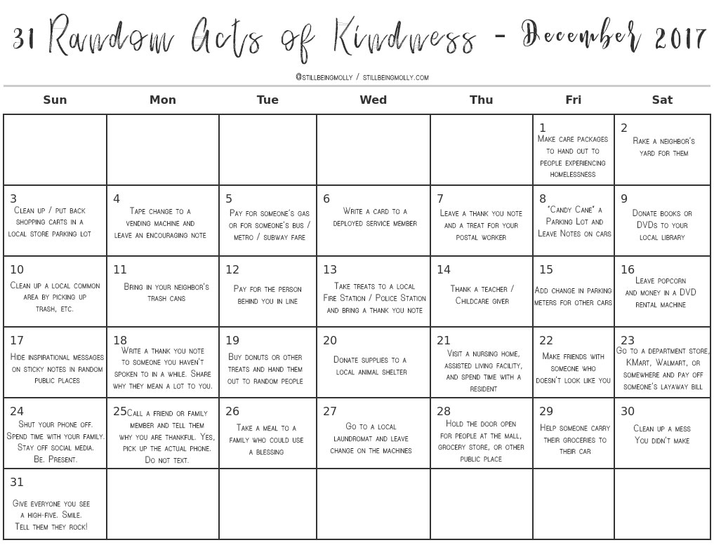 31 Random Acts of Kindness - December 2017 - Join Us for the 2017 31 Random Acts of Kindness Christmas Advent by North Carolina lifestyle blogger Still Being Molly