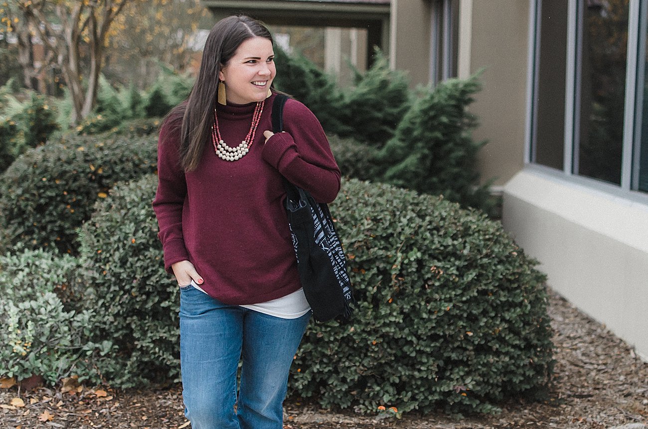 Ethical and Fair Trade Fashion - Hope Made in the World Alpaca Sweater, Dojo flare jeans, Rapha House bag, Milk and Honey market jewelry - fall fashion (1) - The Classic Fall Sweater Made to Last by North Carolina ethical style blogger Still Being Molly