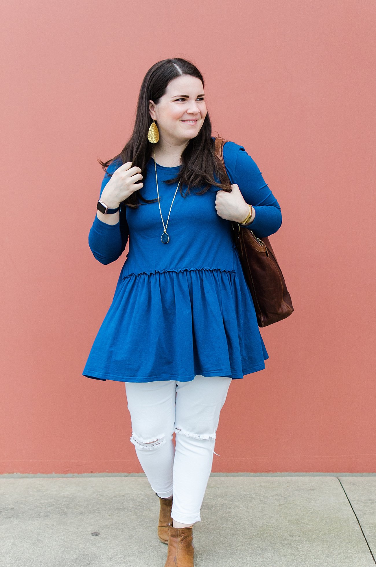 Ethical fashion blogger - Elegantees tunic, The Root Collective Espe booties, Matr Boomie Druzy Drop Necklace, JOYN bag, Malia Designs wallet - Fair Trade Fashion (6) - The Recent Lessons Learned by popular North Carolina ethical fashion blogger Still Being Molly