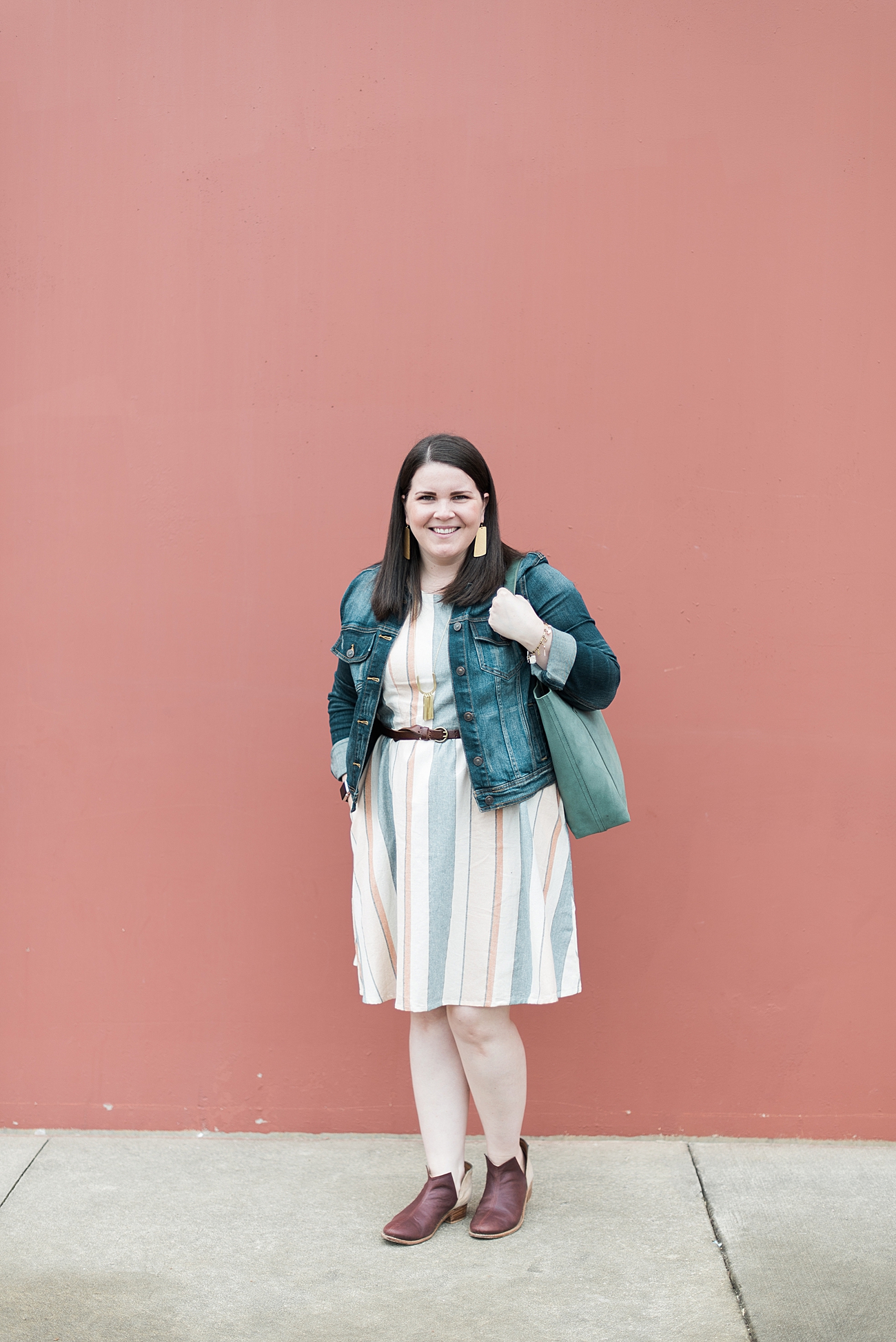 Fair Trade Fashion Blogger - Spring 2019 - Mata Traders Lovely Lines Dress Pastel Stripes, The Root Collective Lee Boots in Merlot, Rover & Kin necklace, Tribe Alive tote, Nickel & Suede earrings, denim jacket (4)