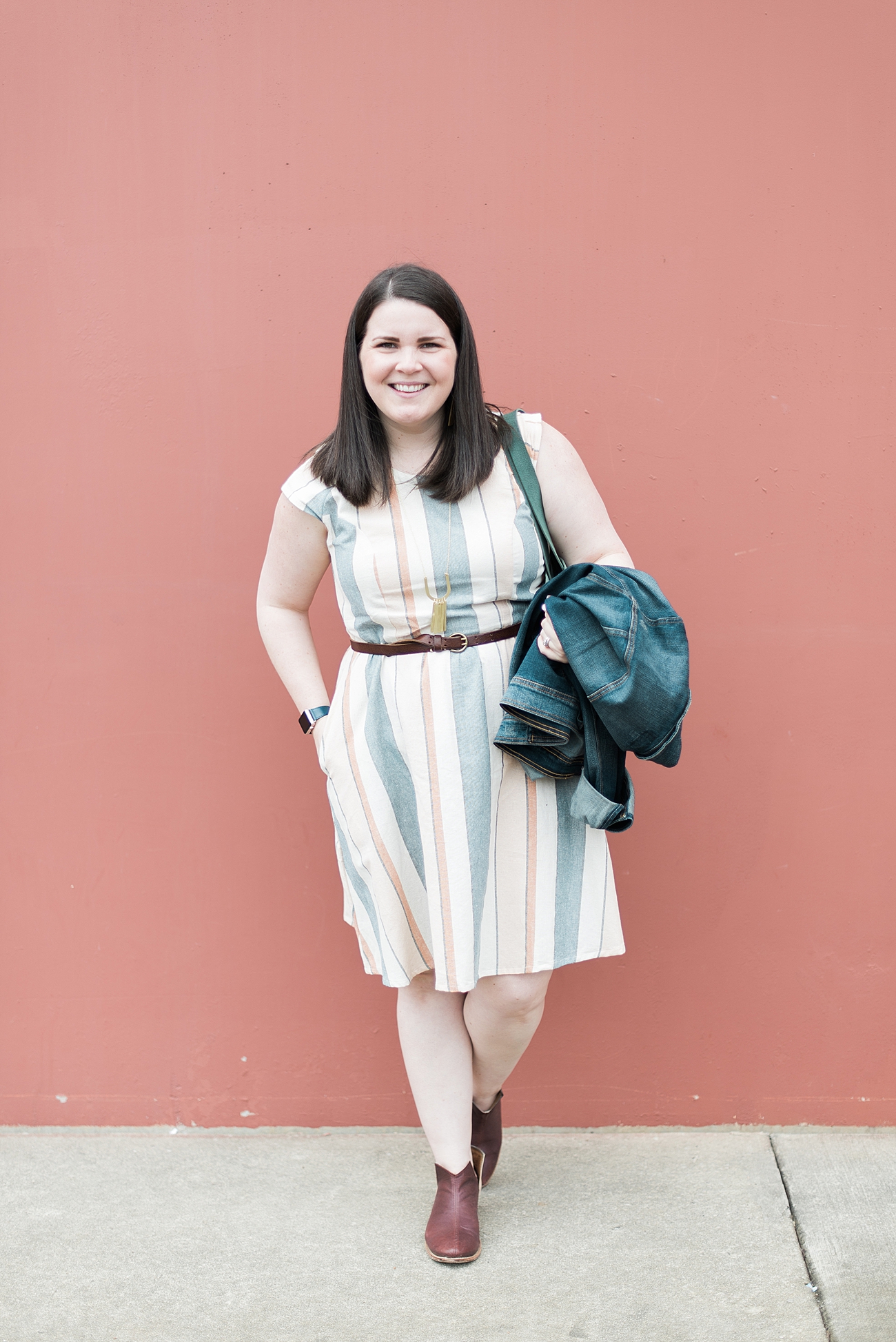 Fair Trade Fashion Blogger - Spring 2019 - Mata Traders Lovely Lines Dress Pastel Stripes, The Root Collective Lee Boots in Merlot, Rover & Kin necklace, Tribe Alive tote, Nickel & Suede earrings, denim jacket (12)