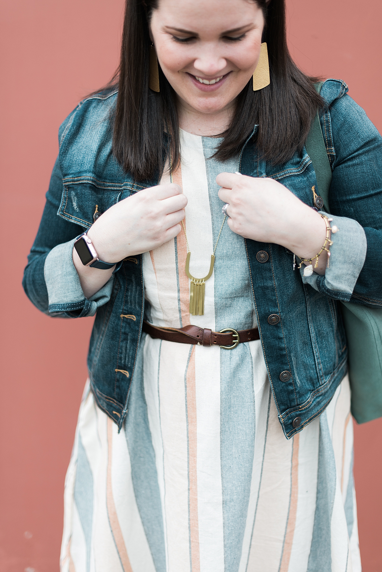 Fair Trade Fashion Blogger - Spring 2019 - Mata Traders Lovely Lines Dress Pastel Stripes, The Root Collective Lee Boots in Merlot, Rover & Kin necklace, Tribe Alive tote, Nickel & Suede earrings, denim jacket (5)