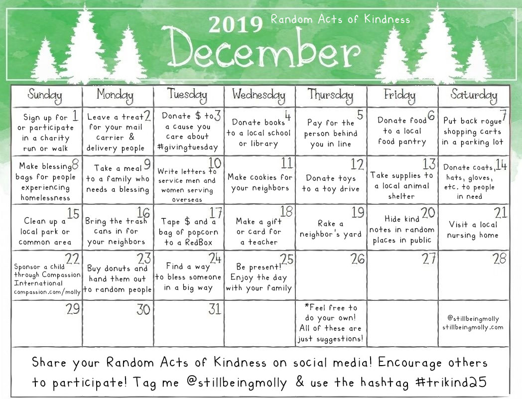 December 2019 Random Acts of Kindness Calendar | FREE PRINTABLE!