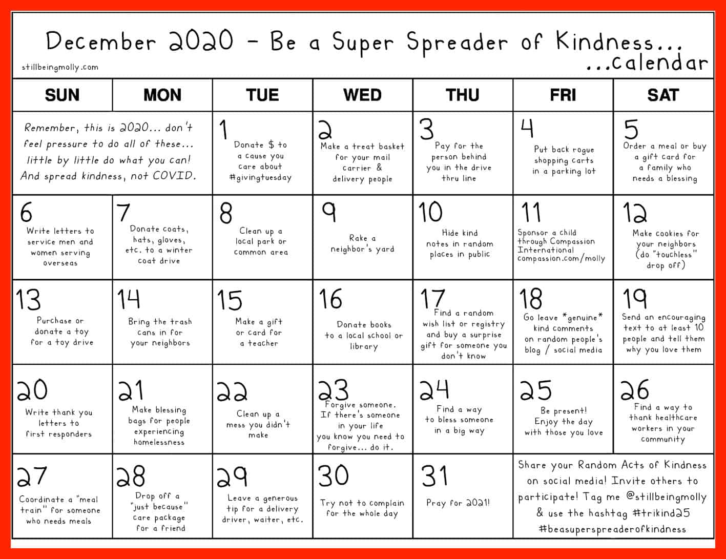 It's our 6th annual random acts of kindness calendar! This year is a little different... The 2020 "Be a Super Spreader of Kindness" Calendar